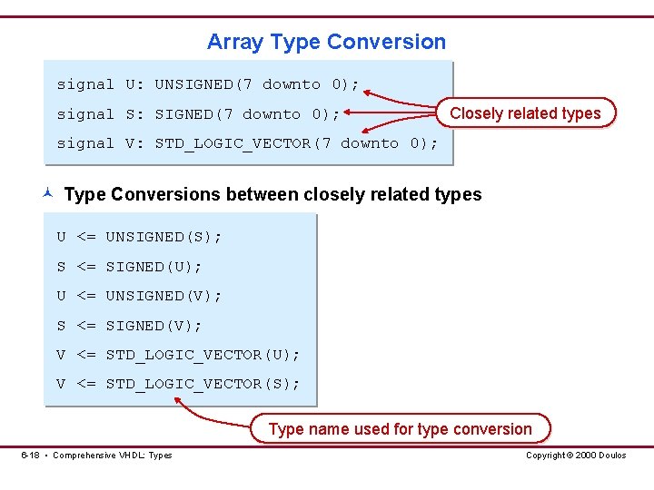 Array Type Conversion signal U: UNSIGNED(7 downto 0); signal S: SIGNED(7 downto 0); Closely