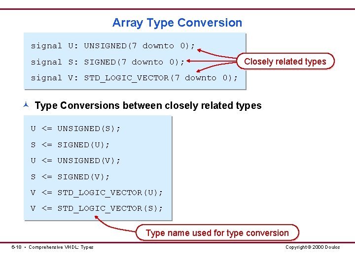 Array Type Conversion signal U: UNSIGNED(7 downto 0); signal S: SIGNED(7 downto 0); Closely Array Type Conversion signal U: UNSIGNED(7 downto 0); signal S: SIGNED(7 downto 0); Closely