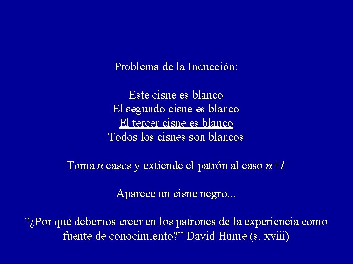 Problema de la Inducción: Este cisne es blanco El segundo cisne es blanco El