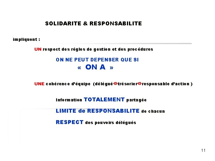 SOLIDARITE & RESPONSABILITE impliquent : UN respect des régles de gestion et des procédures