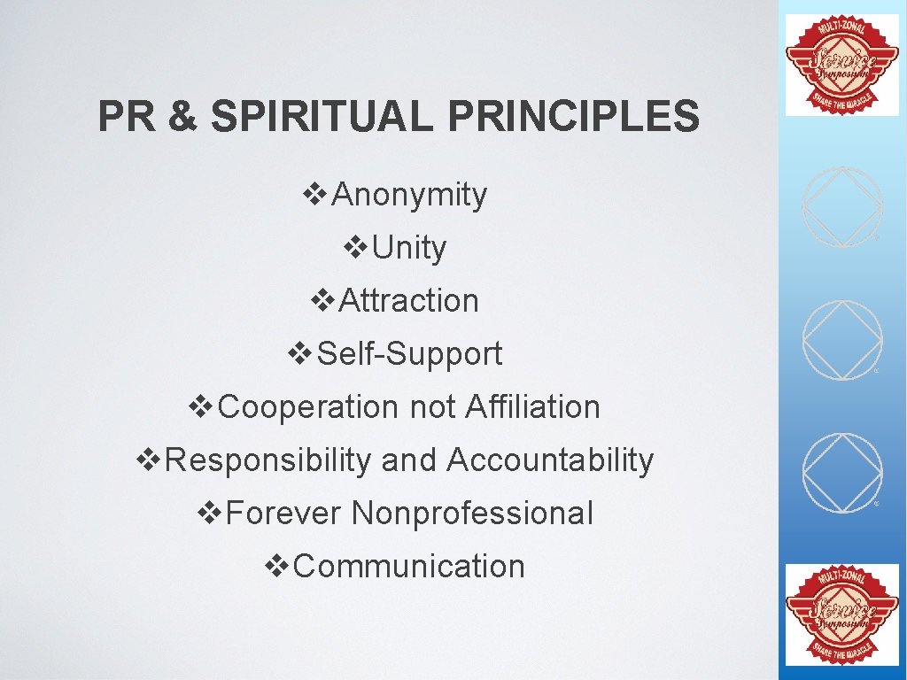 PR & SPIRITUAL PRINCIPLES v. Anonymity v. Unity v. Attraction v. Self-Support v. Cooperation