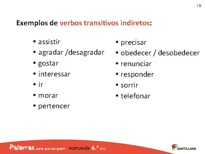 16 Exemplos de verbos transitivos indiretos: assistir agradar /desagradar gostar interessar ir morar pertencer