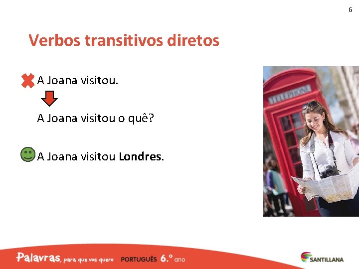 6 Verbos transitivos diretos A Joana visitou o quê? A Joana visitou Londres. 6 Verbos transitivos diretos A Joana visitou o quê? A Joana visitou Londres.