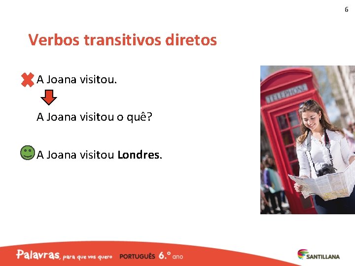 6 Verbos transitivos diretos A Joana visitou o quê? A Joana visitou Londres. 