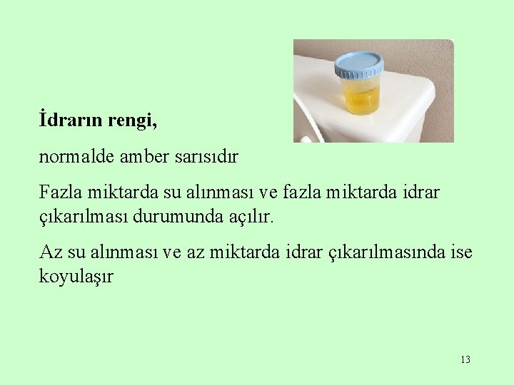 İdrarın rengi, normalde amber sarısıdır Fazla miktarda su alınması ve fazla miktarda idrar çıkarılması