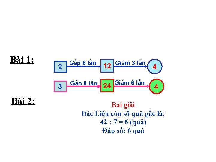 Bài 1: Bài 2: 2 Gấp 6 lần 12 Giảm 3 lần 4 3