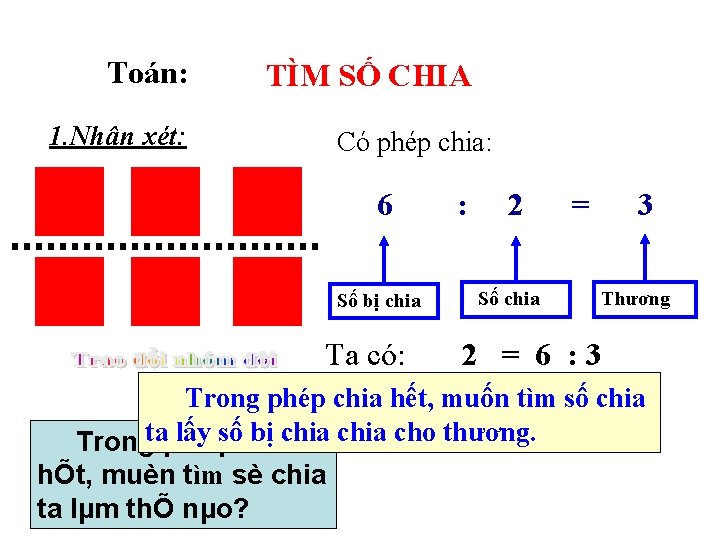 Toán: TÌM SỐ CHIA 1. Nhận xét: Có phép chia: 6 Số bị chia
