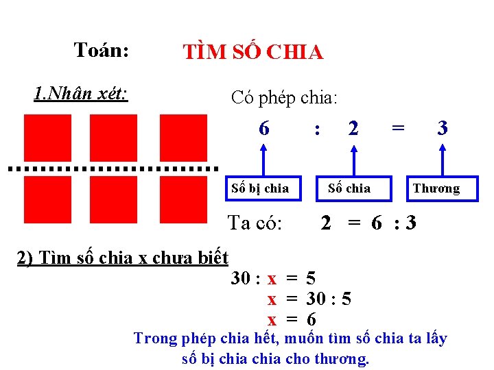 Toán: TÌM SỐ CHIA 1. Nhận xét: Có phép chia: 6 Số bị chia