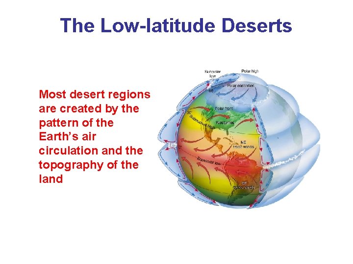 The Low-latitude Deserts Most desert regions are created by the pattern of the Earth’s