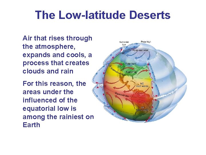 The Low-latitude Deserts Air that rises through the atmosphere, expands and cools, a process