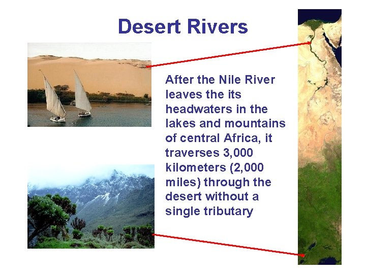 Desert Rivers After the Nile River leaves the its headwaters in the lakes and