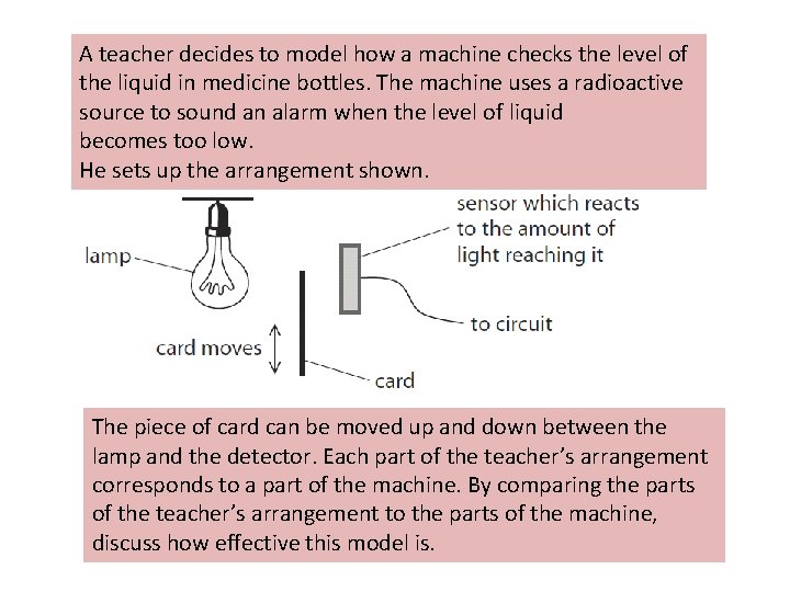 A teacher decides to model how a machine checks the level of the liquid