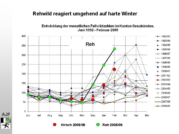 Rehwild reagiert umgehend auf harte Winter AJF Hirsch 2008/09 Reh 2008/09 