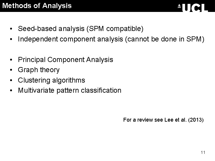 Methods of Analysis • Seed-based analysis (SPM compatible) • Independent component analysis (cannot be