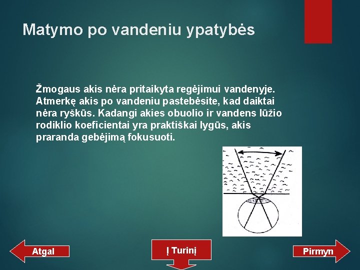 Matymo po vandeniu ypatybės Žmogaus akis nėra pritaikyta regėjimui vandenyje. Atmerkę akis po vandeniu