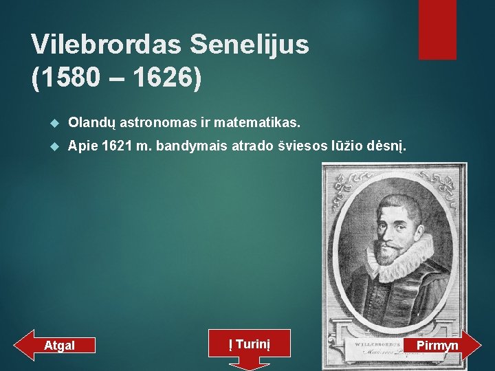 Vilebrordas Senelijus (1580 – 1626) Olandų astronomas ir matematikas. Apie 1621 m. bandymais atrado