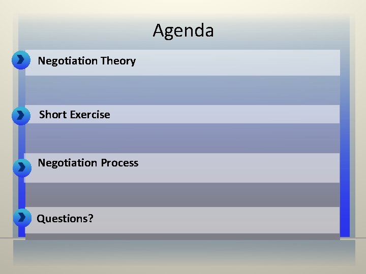 Agenda Negotiation Theory Short Exercise Negotiation Process Questions? 