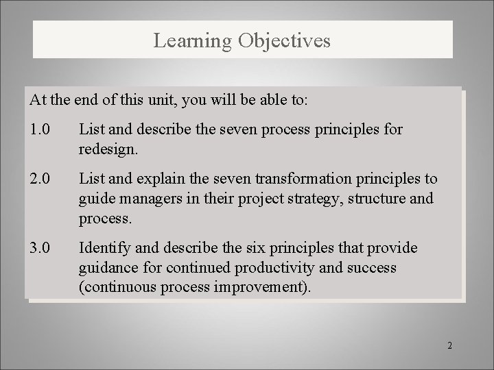 Learning Objectives At the end of this unit, you will be able to: 1.