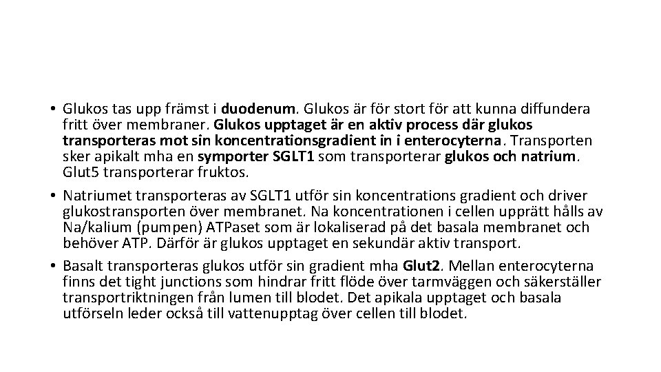  • Glukos tas upp främst i duodenum. Glukos är för stort för att