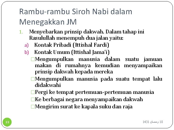 Rambu-rambu Siroh Nabi dalam Menegakkan JM 1. 33 Menyebarkan prinsip dakwah. Dalam tahap ini