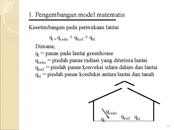 1. Pengembangan model matematis Kesetimbangan pada permukaan lantai ql = qradin + qkinf +