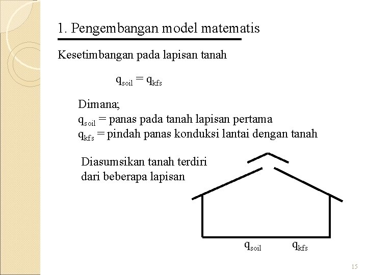 1. Pengembangan model matematis Kesetimbangan pada lapisan tanah qsoil = qkfs Dimana; qsoil =