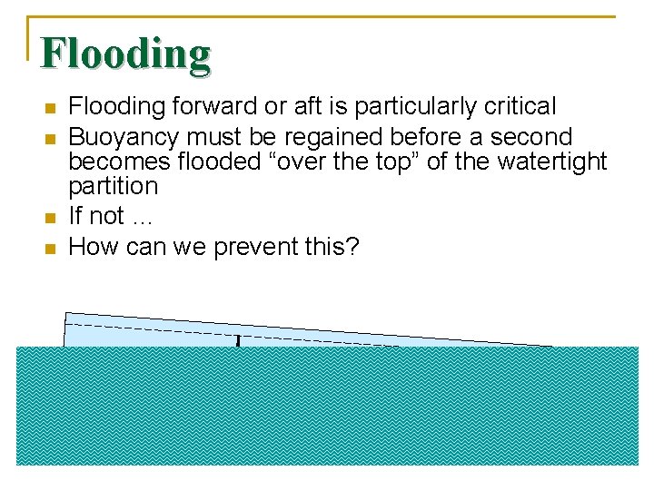 Flooding n n Flooding forward or aft is particularly critical Buoyancy must be regained
