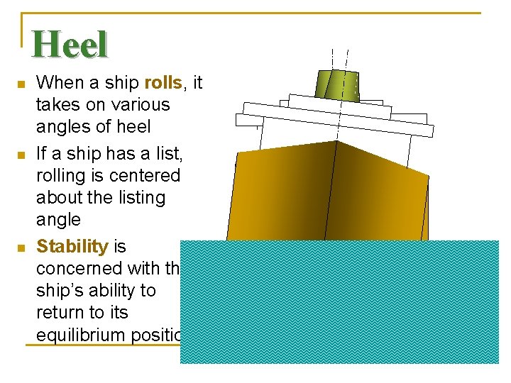 Heel n n n When a ship rolls, it takes on various angles of