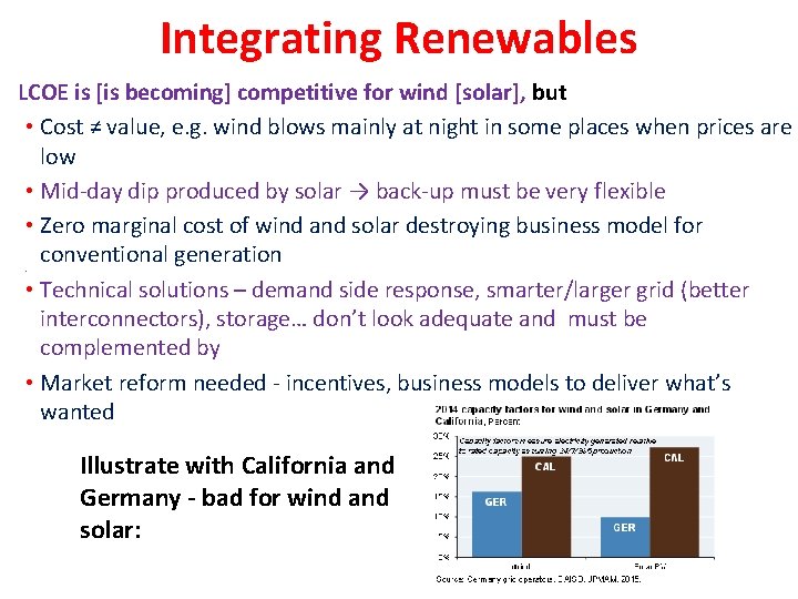 Integrating Renewables LCOE is [is becoming] competitive for wind [solar], but • Cost ≠