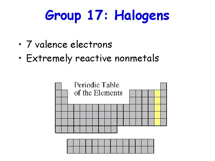 Group 17: Halogens • 7 valence electrons • Extremely reactive nonmetals 