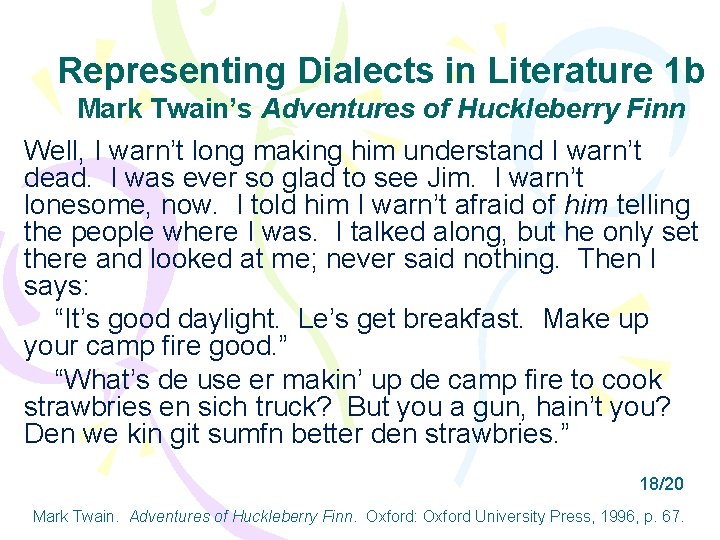 Representing Dialects in Literature 1 b Mark Twain’s Adventures of Huckleberry Finn Well, I