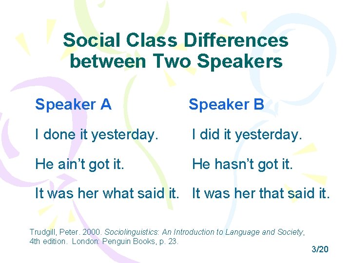 Social Class Differences between Two Speakers Speaker A Speaker B I done it yesterday.