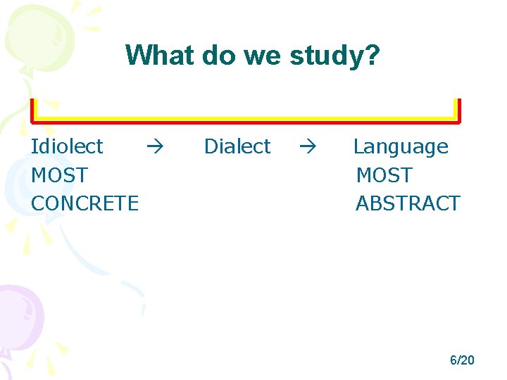 What do we study? Idiolect Dialect Language MOST CONCRETE ABSTRACT 6/20 