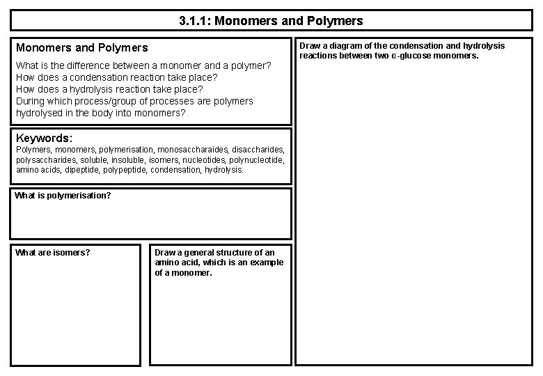 3. 1. 1: Monomers and Polymers What is the difference between a monomer and