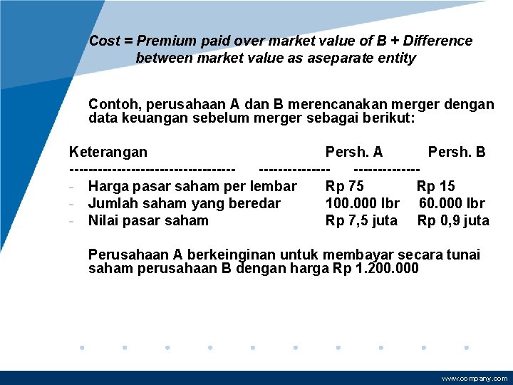 Cost = Premium paid over market value of B + Difference between market value