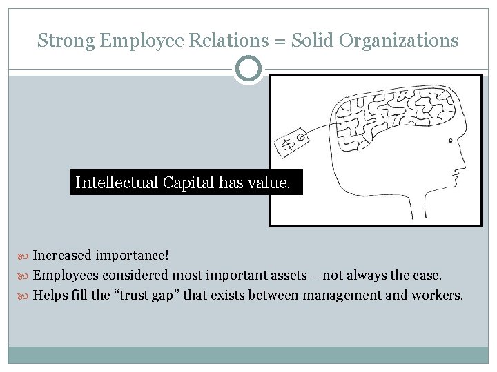 Strong Employee Relations = Solid Organizations Intellectual Capital has value. Increased importance! Employees considered