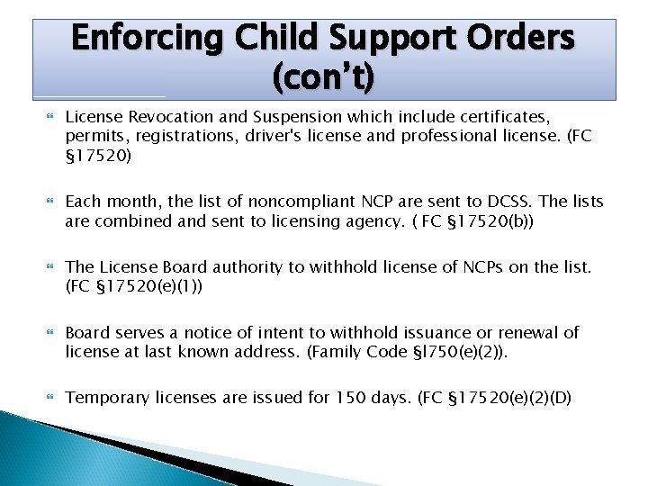 Enforcing Child Support Orders (con’t) License Revocation and Suspension which include certificates, permits, registrations,