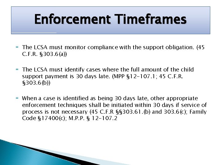 Enforcement Timeframes The LCSA must monitor compliance with the support obligation. (45 C. F.