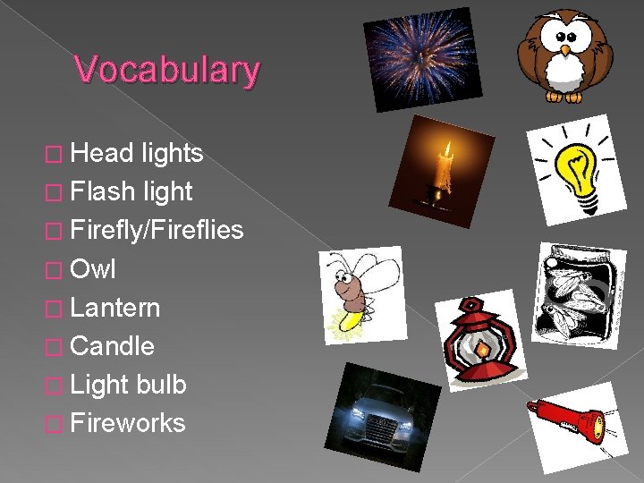 Vocabulary � Head lights � Flash light � Firefly/Fireflies � Owl � Lantern �