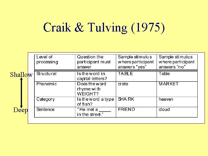 Craik & Tulving (1975) Shallow Deep Craik & Tulving (1975) Shallow Deep