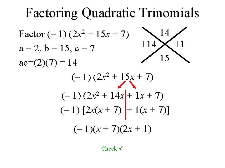 Factoring Quadratic Trinomials 14 Factor (– 1) (2 x 2 + 15 x +