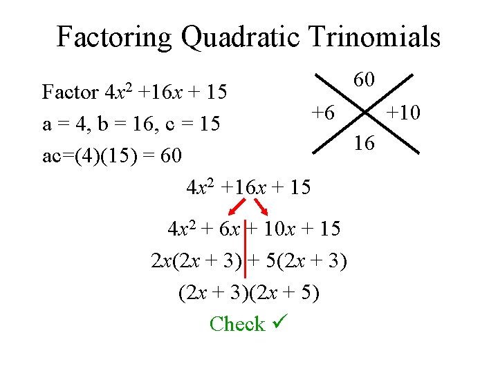 Factoring Quadratic Trinomials 60 4 x 2 Factor +16 x + 15 +6 +10
