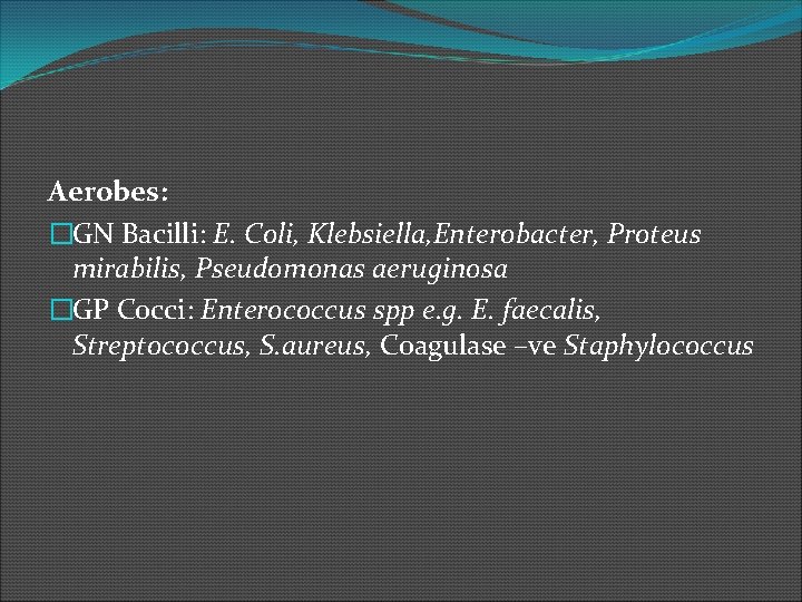 Aerobes: �GN Bacilli: E. Coli, Klebsiella, Enterobacter, Proteus mirabilis, Pseudomonas aeruginosa �GP Cocci: Enterococcus