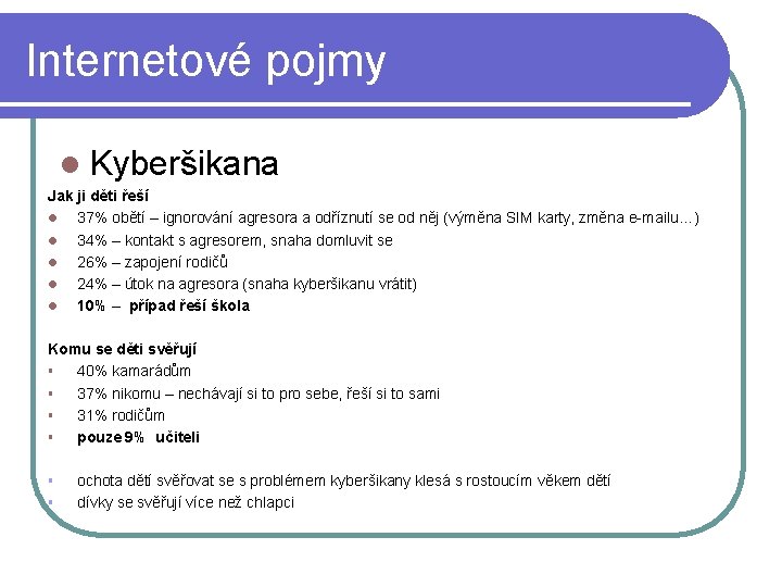 Internetové pojmy l Kyberšikana Jak ji děti řeší l 37% obětí – ignorování agresora