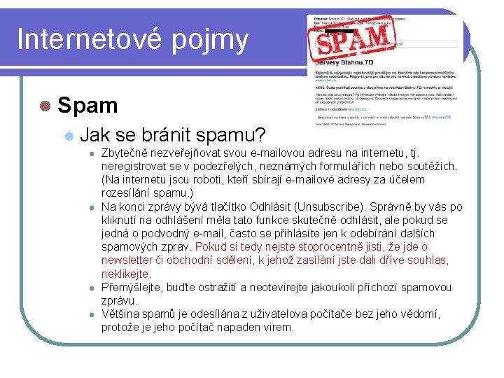 Internetové pojmy l Spam l Jak se bránit spamu? l l Zbytečně nezveřejňovat svou