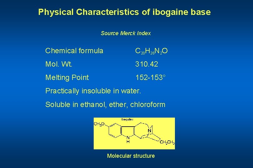 Physical Characteristics of ibogaine base Source Merck Index Chemical formula C 20 H 26