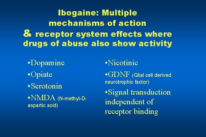 Ibogaine: Multiple mechanisms of action & receptor system effects where drugs of abuse also