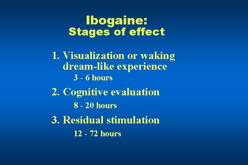 Ibogaine: Stages of effect 1. Visualization or waking dream-like experience 3 - 6 hours