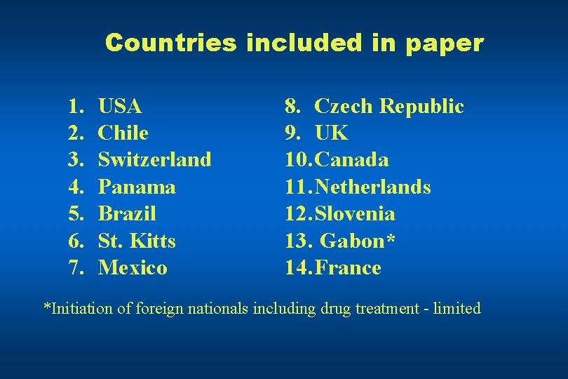 Countries included in paper 1. 2. 3. 4. 5. 6. 7. USA Chile Switzerland
