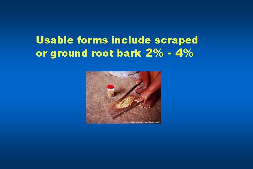 Usable forms include scraped or ground root bark 2% - 4% 